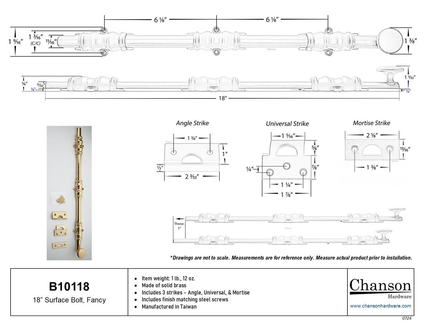 18" Surface Bolt, Fancy - Satin Nickel (B10118-15)