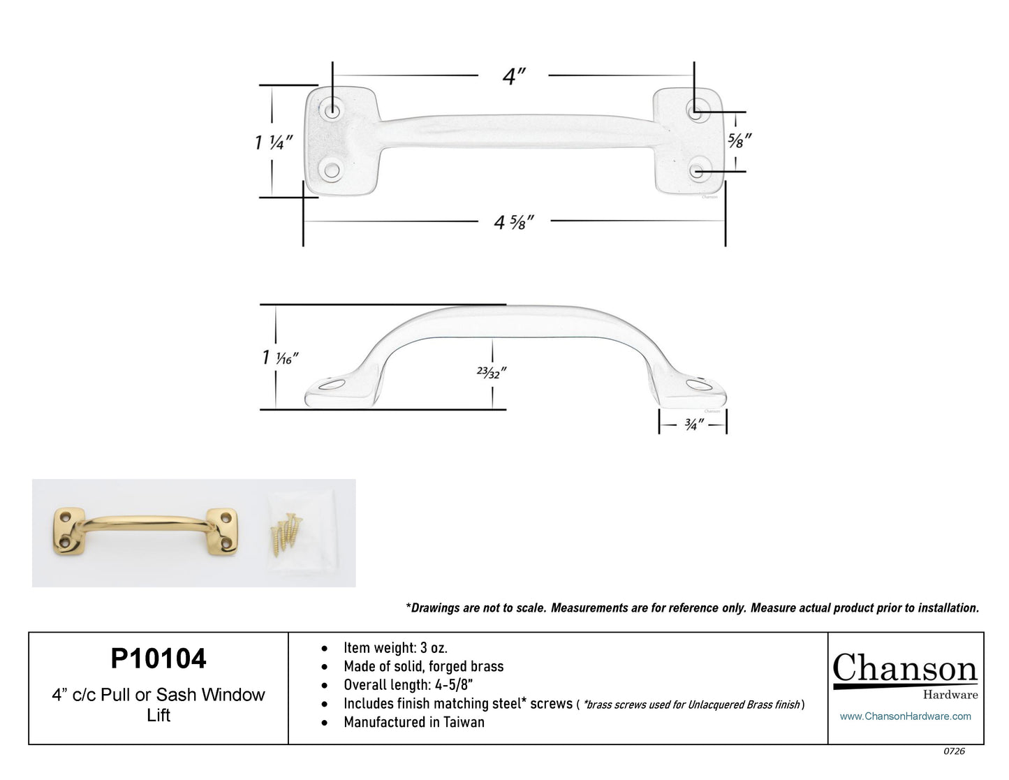 Measurements or specifications for Chanson Hardware 4 inch solid brass sash window bar lift pull handle
