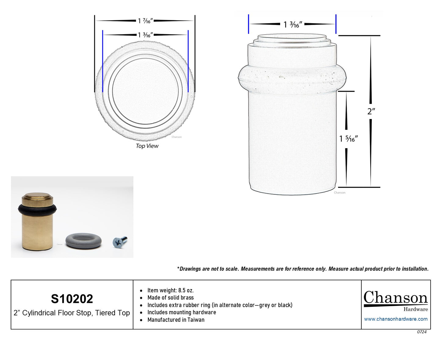 2" Cylindrical Floor Mounted Doorstop with Tiered Top - Flat Black (S10202-19)