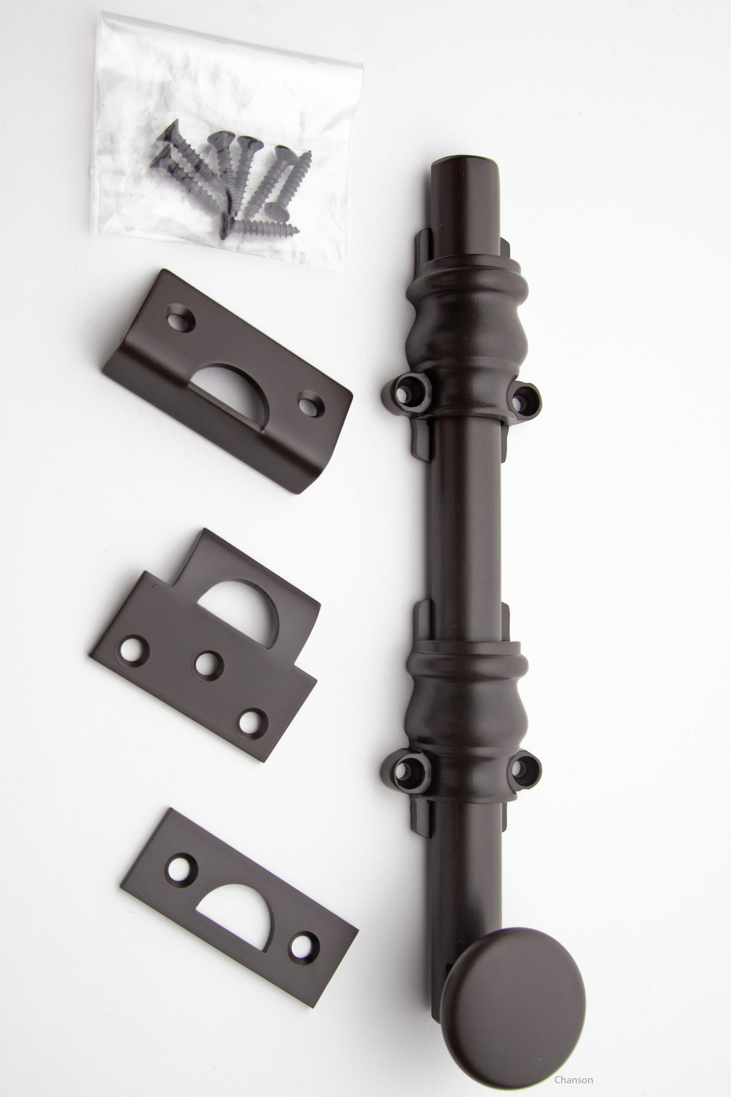8 inch Solid Brass Surface Bolt with Oil Rubbed Bronze finish US10B and Ornate, Ornamental, or Colonial style guides with finish matching screws along with angle, mortise, and surface strike.  All 3 strikes included.