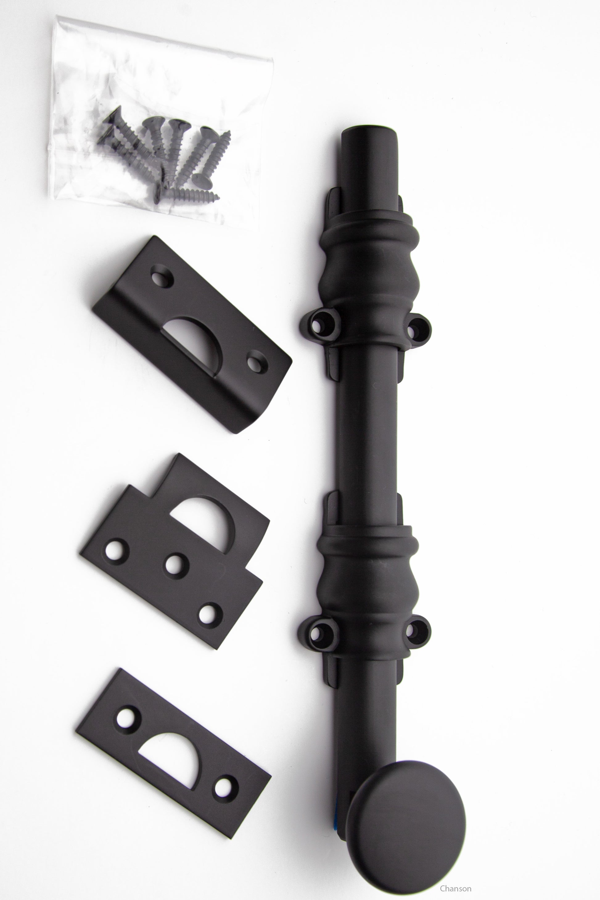8 inch Solid Brass Surface Bolt in flat or matte black finish US19 with Ornate, Ornamental, or Colonial style guides with finish matching screws along with angle, mortise, and surface strike.  All 3 strikes included.