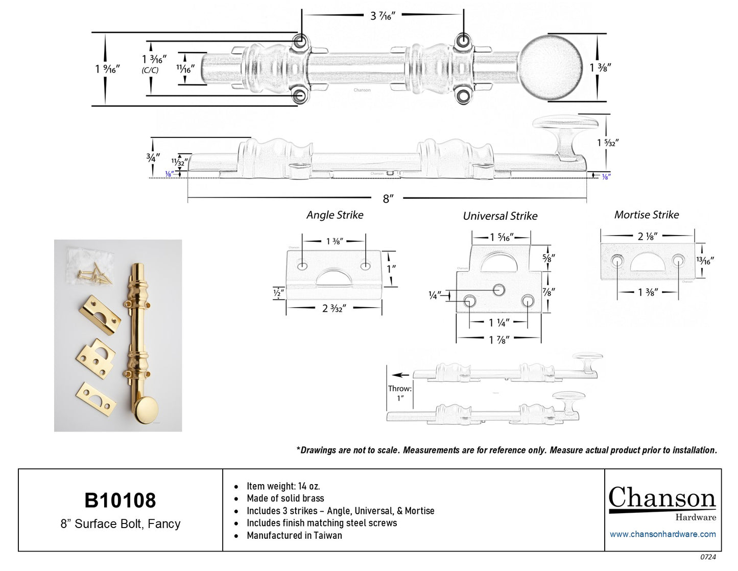 8" Surface Bolt, Fancy - Polished Brass (B10108-3)