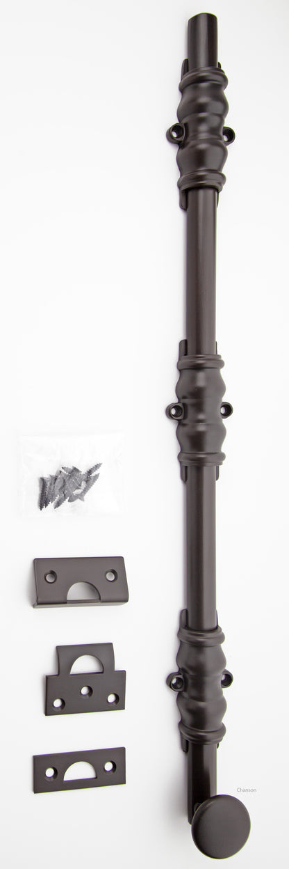 Solid Brass Surface Bolt with oil rubbed bronze finish US10B with Ornate, Ornamental, or Colonial style guides with finish matching screws along with angle, mortise, and surface strike.  All 3 strikes included.