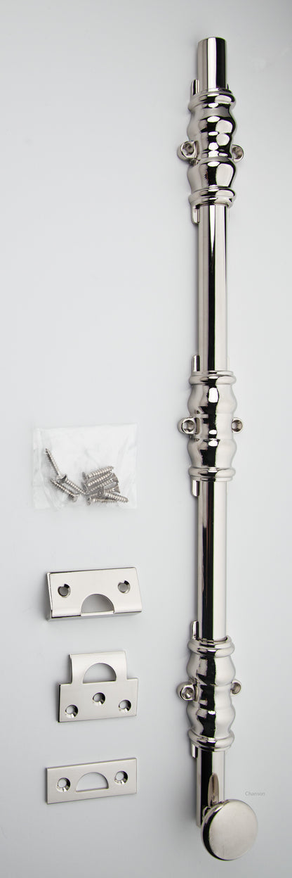 Solid Brass Surface Bolt with polished nickel finish US14 and Ornate, Ornamental, or Colonial style guides with finish matching screws along with angle, mortise, and surface strike.  All 3 strikes included.
