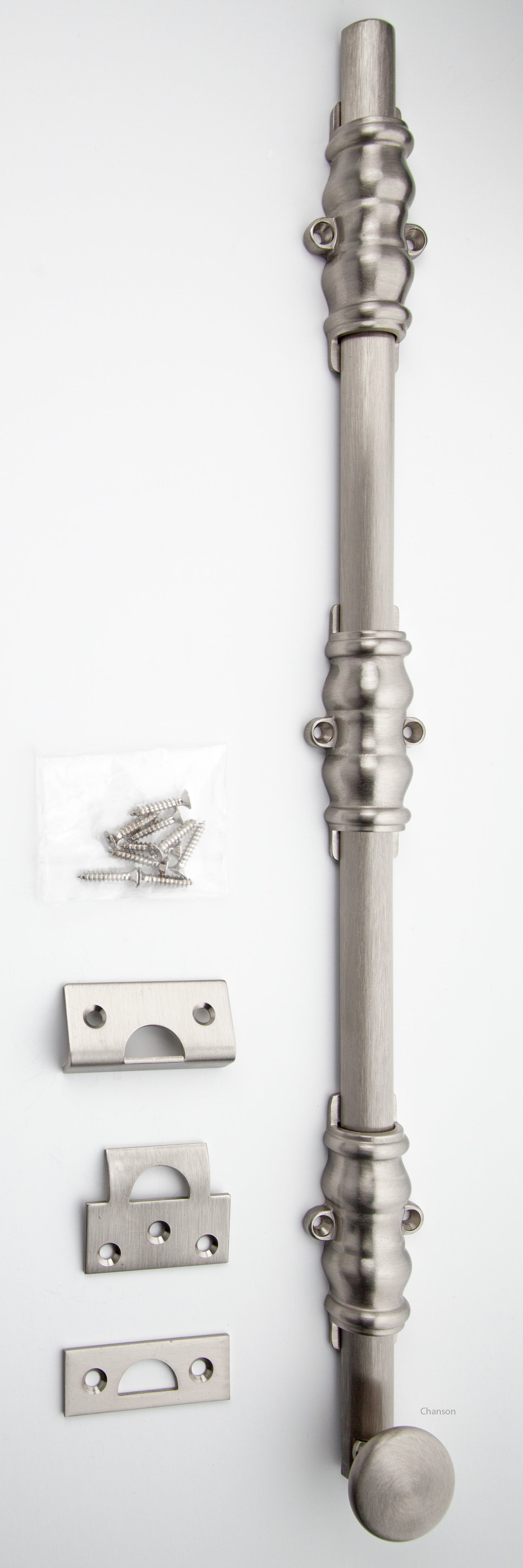 Solid Brass Surface Bolt with satin or brushed nickel finish US15 and Ornate, Ornamental, or Colonial style guides with finish matching screws along with angle, mortise, and surface strike.  All 3 strikes included.
