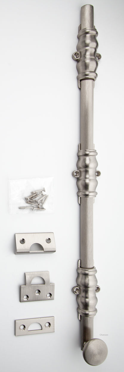 Solid Brass Surface Bolt with satin or brushed nickel finish US15 and Ornate, Ornamental, or Colonial style guides with finish matching screws along with angle, mortise, and surface strike.  All 3 strikes included.
