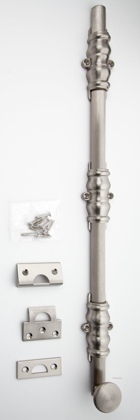 Solid Brass Surface Bolt with satin or brushed nickel finish US15 and Ornate, Ornamental, or Colonial style guides with finish matching screws along with angle, mortise, and surface strike.  All 3 strikes included.