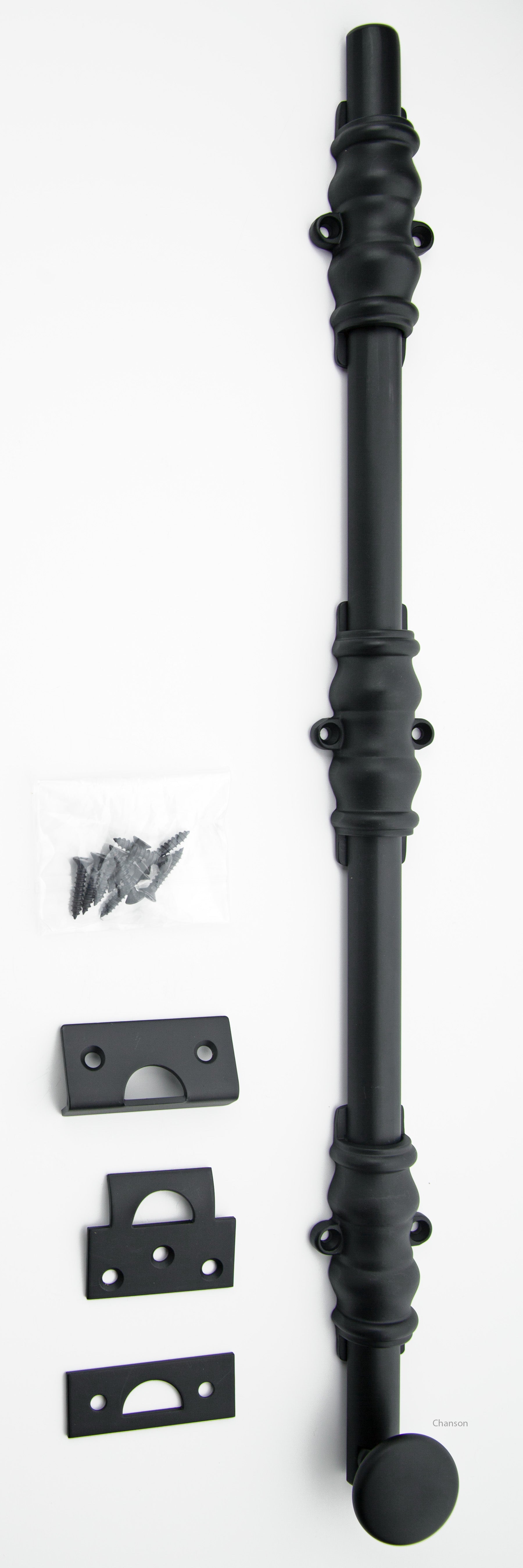 Solid Brass Surface Bolt with flat or matte black finish US19 with Ornate, Ornamental, or Colonial style guides with finish matching screws along with angle, mortise, and surface strike.  All 3 strikes included.