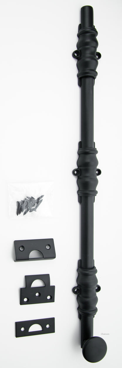 Solid Brass Surface Bolt with flat or matte black finish US19 with Ornate, Ornamental, or Colonial style guides with finish matching screws along with angle, mortise, and surface strike.  All 3 strikes included.