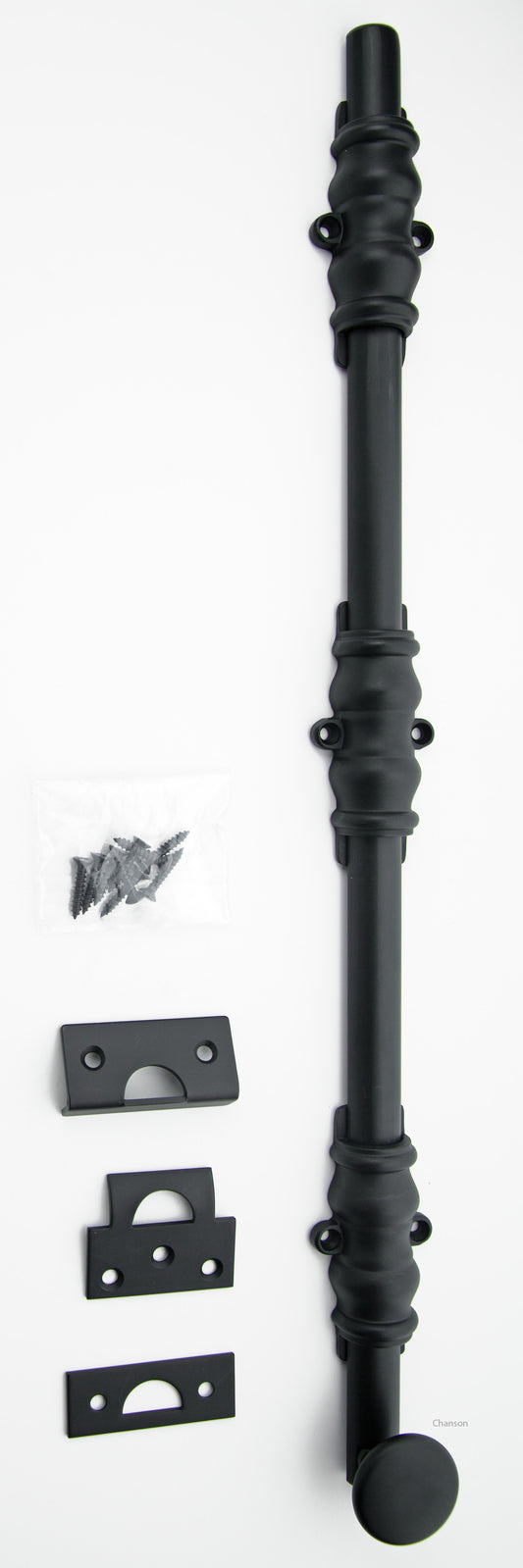 Solid Brass Surface Bolt with flat or matte black finish US19 with Ornate, Ornamental, or Colonial style guides with finish matching screws along with angle, mortise, and surface strike.  All 3 strikes included.