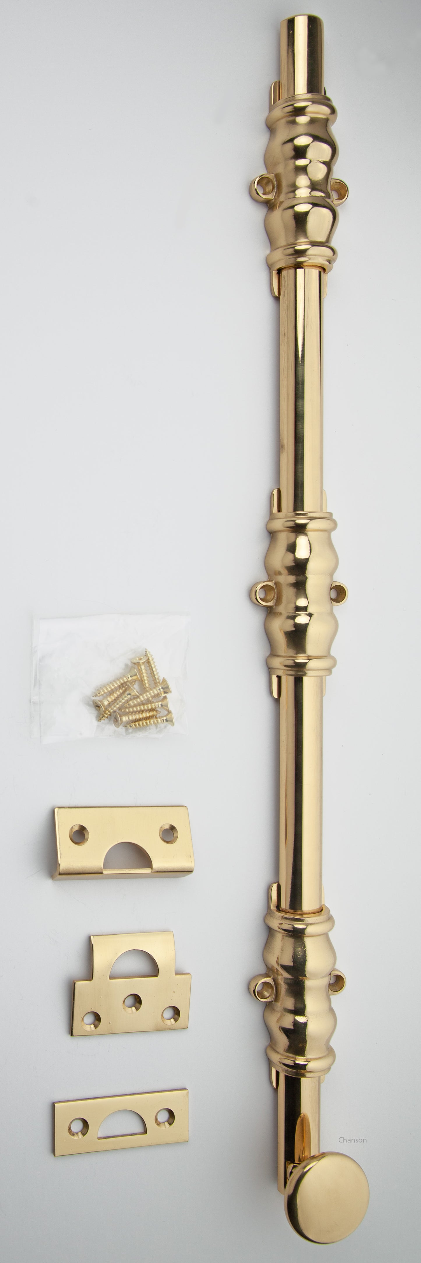 Solid Brass Surface Bolt in polished brass finish US3 with Ornate, Ornamental, or Colonial style guides with finish matching screws along with angle, mortise, and surface strike.  All 3 strikes included.