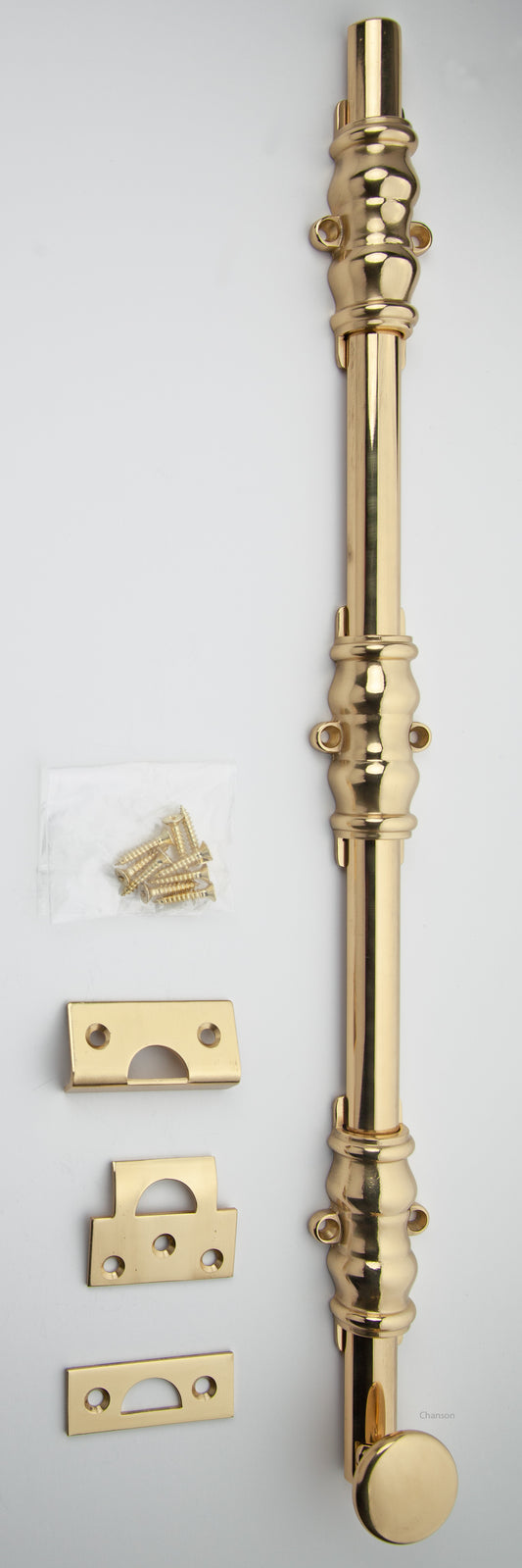 Solid Brass Surface Bolt in polished brass finish US3 with Ornate, Ornamental, or Colonial style guides with finish matching screws along with angle, mortise, and surface strike.  All 3 strikes included.