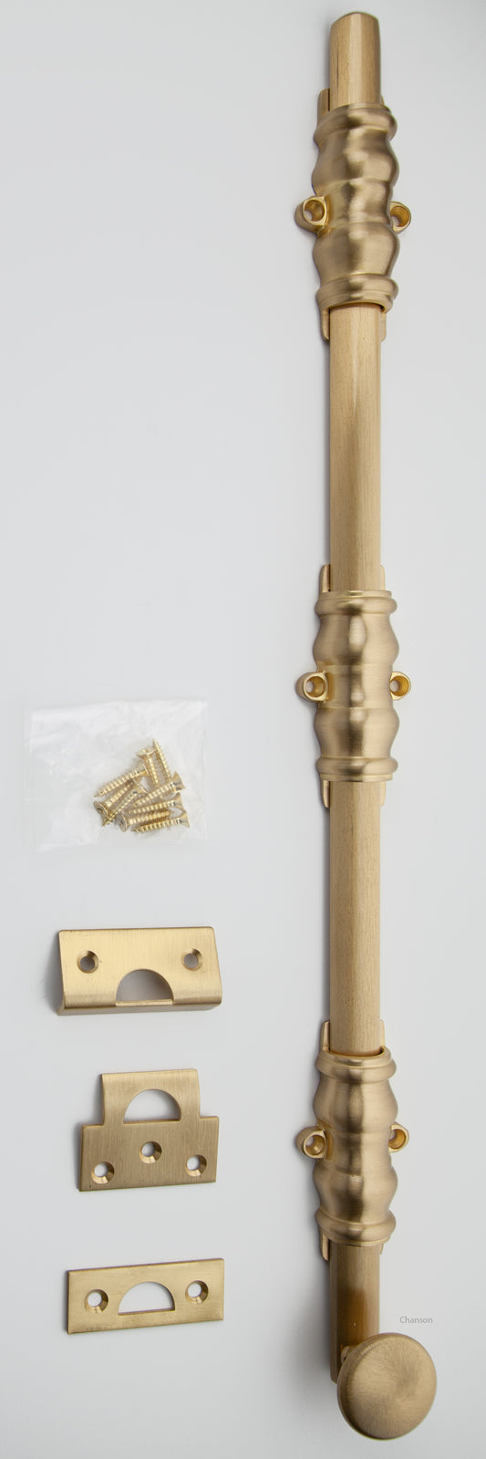 Solid Brass Surface Bolt with satin brass finish US4 and Ornate, Ornamental, or Colonial style guides with finish matching screws along with angle, mortise, and surface strike.  All 3 strikes included.