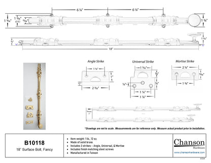 18" Surface Bolt, Fancy - Satin Nickel (B10118-15)