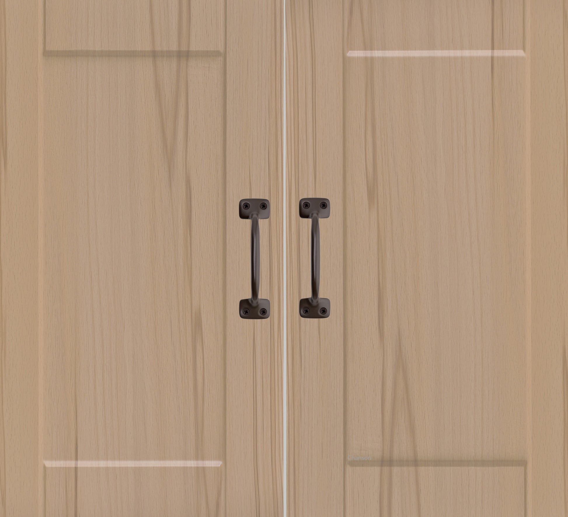 Chanson Hardware larger sized 4 inch center to center pulls shown on cabinet door with oil rubbed bronze finish