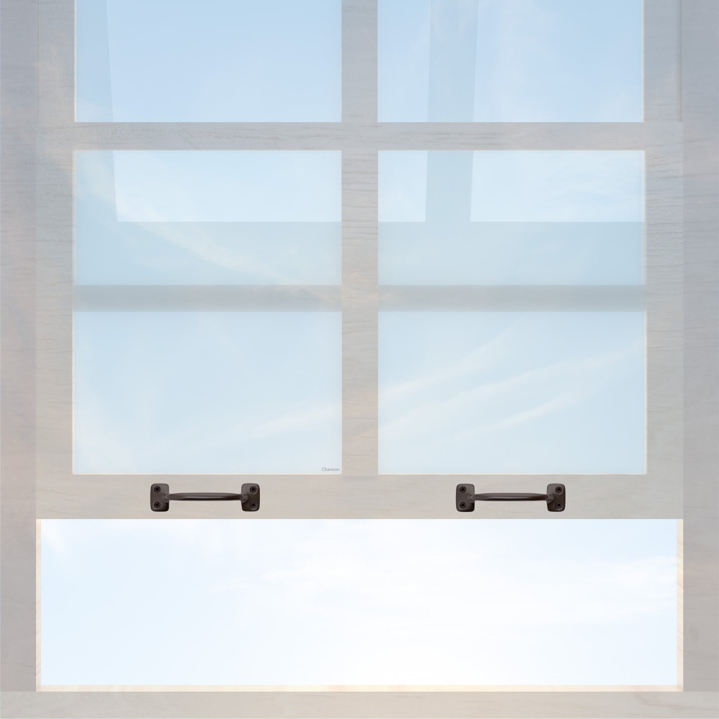A wooden sash window with a pair of chanson hardware larger, 4 inch center to center solid brass bar type sash lifts in oil rubbed bronze finish
