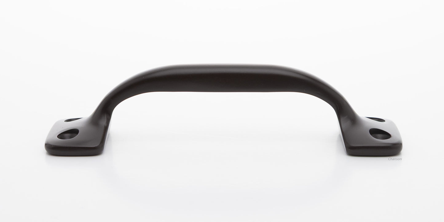 Side view of 4 inch solid brass sash window bar lift or utility pull handle shows arch shape and oil rubbed bronze US10B finish