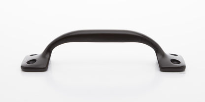 Side view of 4 inch solid brass sash window bar lift or utility pull handle shows arch shape and oil rubbed bronze US10B finish