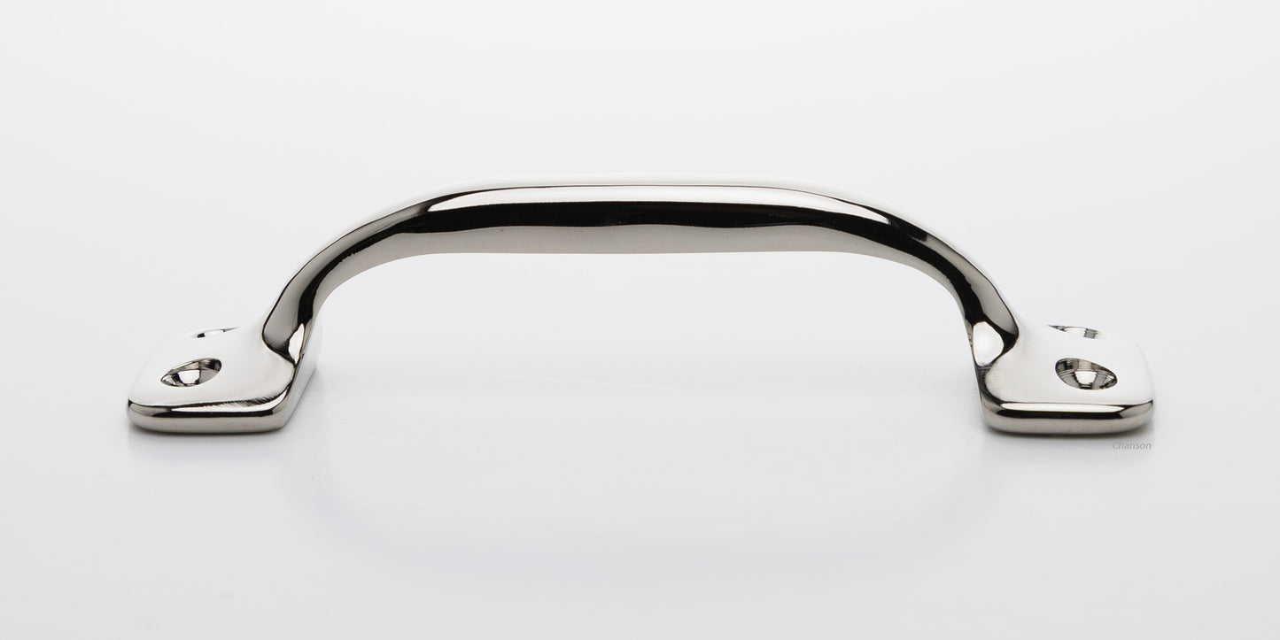 Side view of 4 inch solid brass sash window bar lift or utility pull handle shows arch shape and polished nickel US14 finish