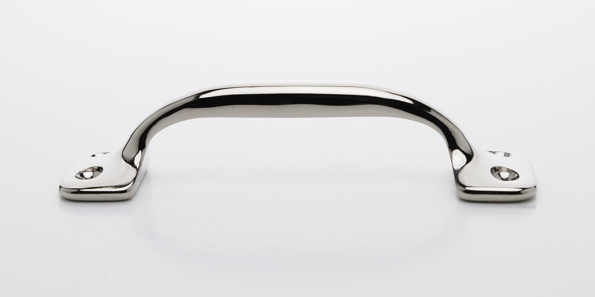 Side view of 4 inch solid brass sash window bar lift or utility pull handle shows arch shape and polished nickel US14 finish