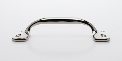 Side view of 4 inch solid brass sash window bar lift or utility pull handle shows arch shape and polished nickel US14 finish