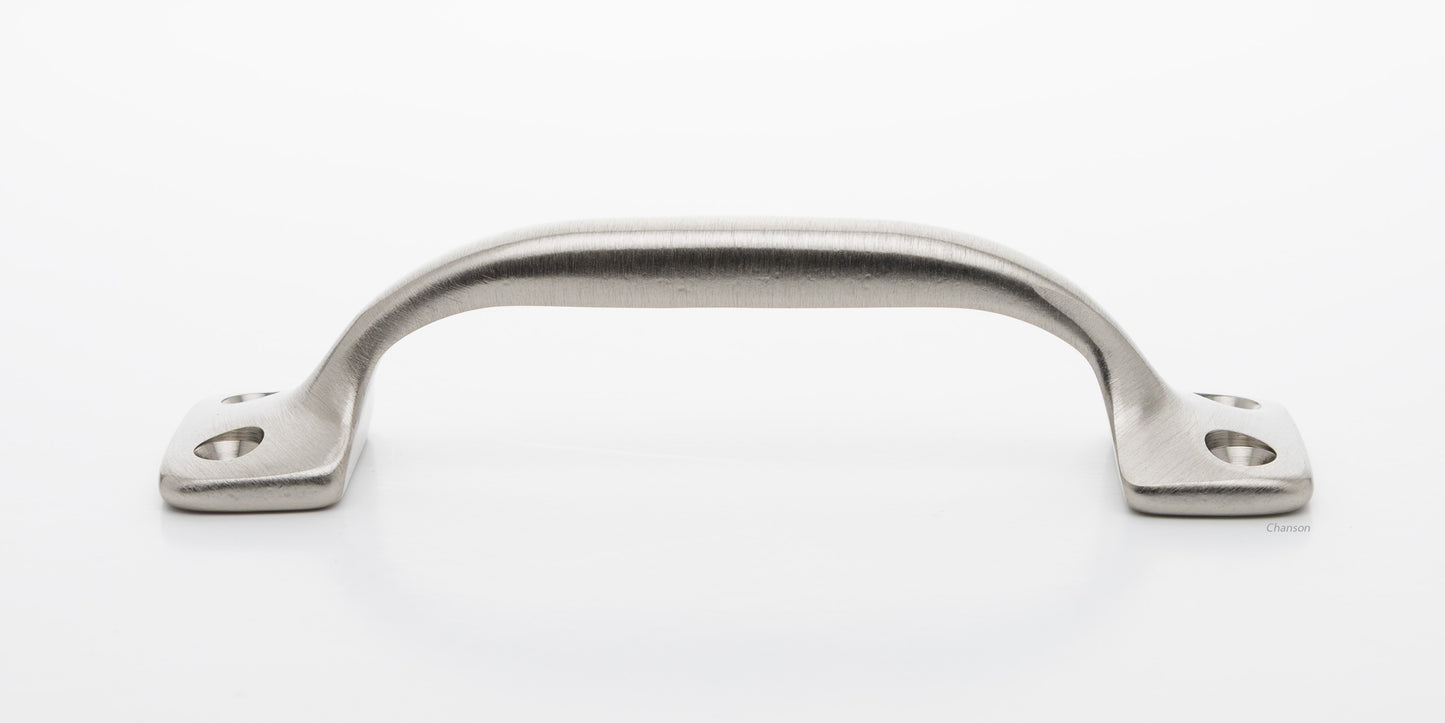 Side view of 4 inch solid brass sash window bar lift or utility pull handle shows arch shape and satin or brushed nickel US15 finish