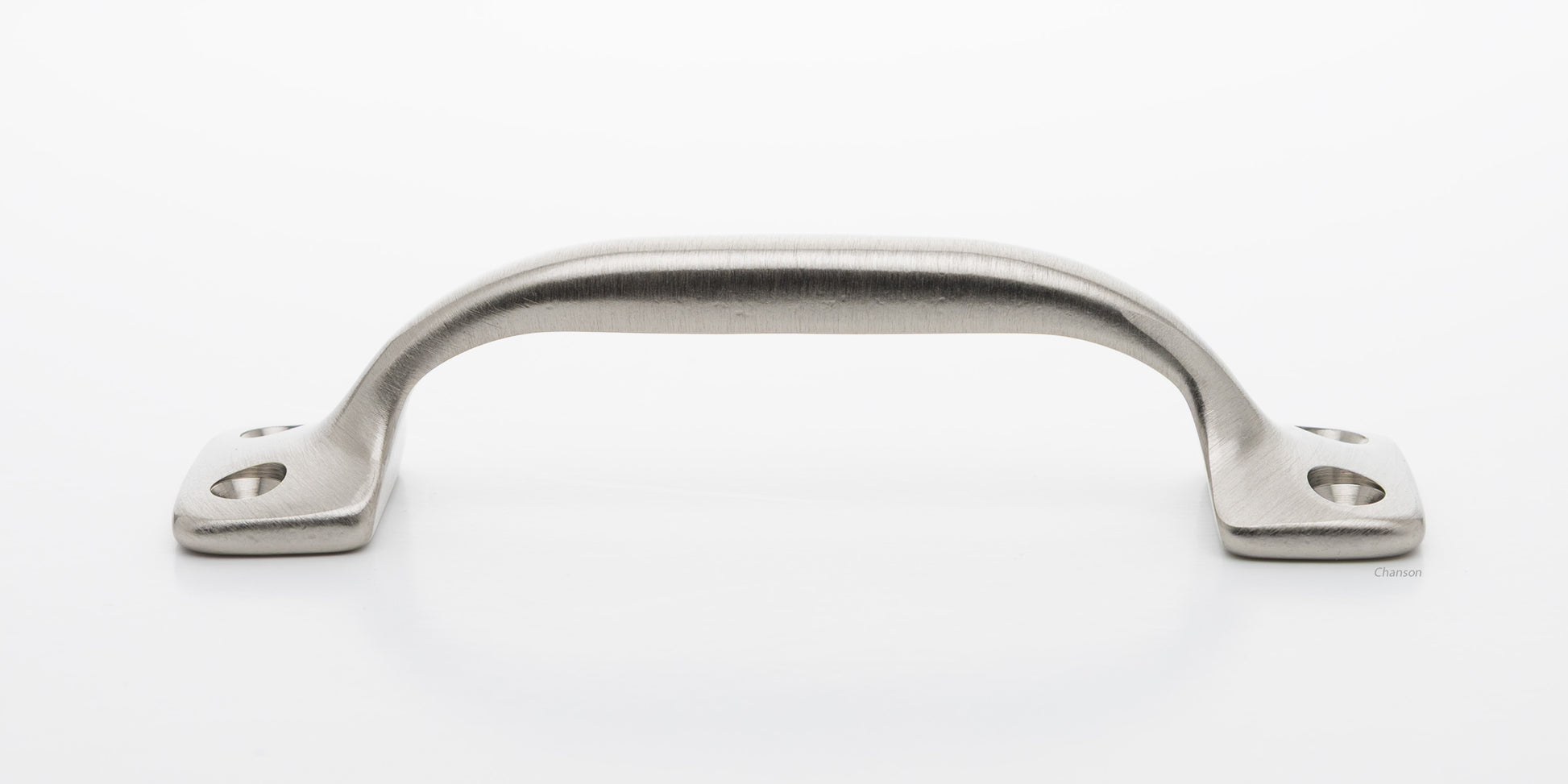Side view of 4 inch solid brass sash window bar lift or utility pull handle shows arch shape and satin or brushed nickel US15 finish