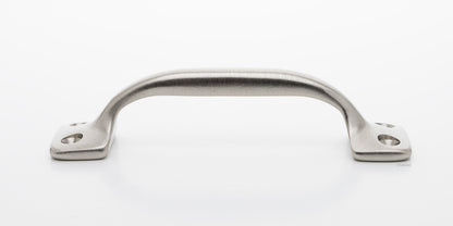 Side view of 4 inch solid brass sash window bar lift or utility pull handle shows arch shape and satin or brushed nickel US15 finish