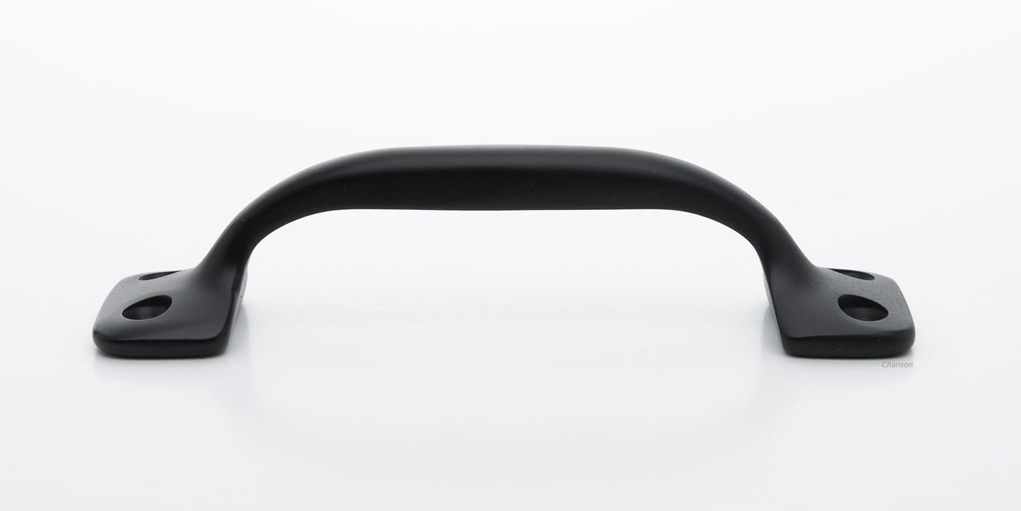 Side view of 4 inch solid brass sash window bar lift or utility pull handle shows arch shape and flat or matte black US19 finish