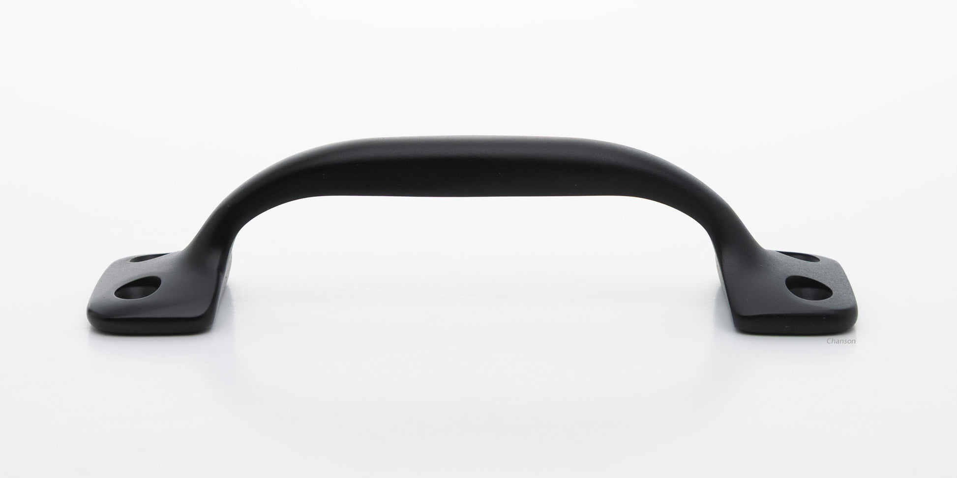 Side view of 4 inch solid brass sash window bar lift or utility pull handle shows arch shape and flat or matte black US19 finish