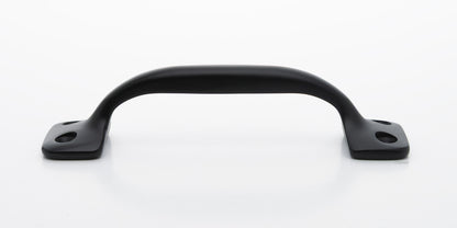 Side view of 4 inch solid brass sash window bar lift or utility pull handle shows arch shape and flat or matte black US19 finish