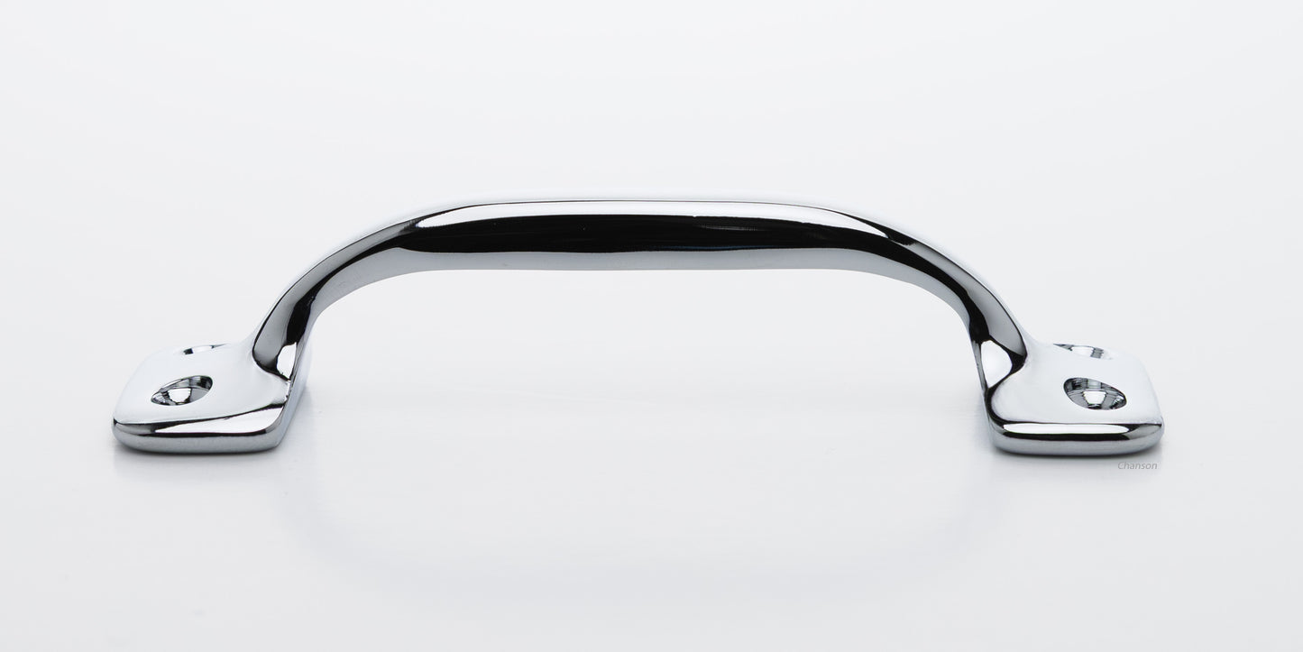 Side view of 4 inch solid brass sash window bar lift or utility pull handle shows arch shape and polished chrome US26 finish