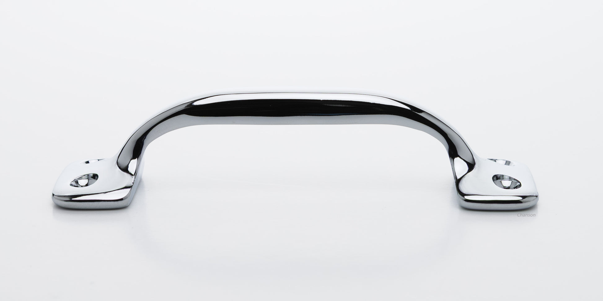 Side view of 4 inch solid brass sash window bar lift or utility pull handle shows arch shape and polished chrome US26 finish