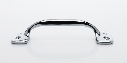 Side view of 4 inch solid brass sash window bar lift or utility pull handle shows arch shape and polished chrome US26 finish