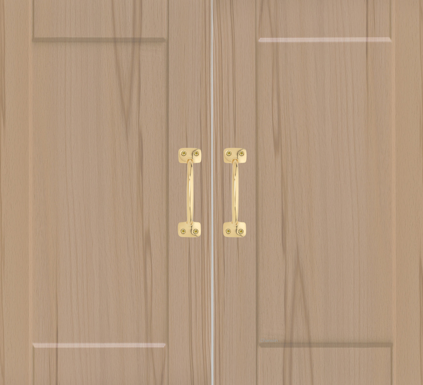 Chanson Hardware larger sized 4 inch center to center pulls shown on cabinet door with unlacquered brass finish