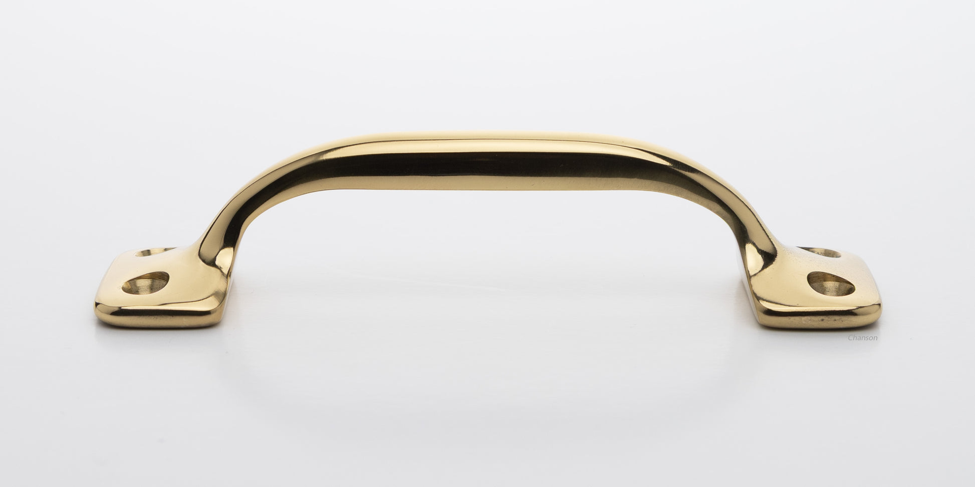 Side view of 4 inch solid brass sash window bar lift or utility pull handle shows arch shape and unlacquered brass US3NL finish