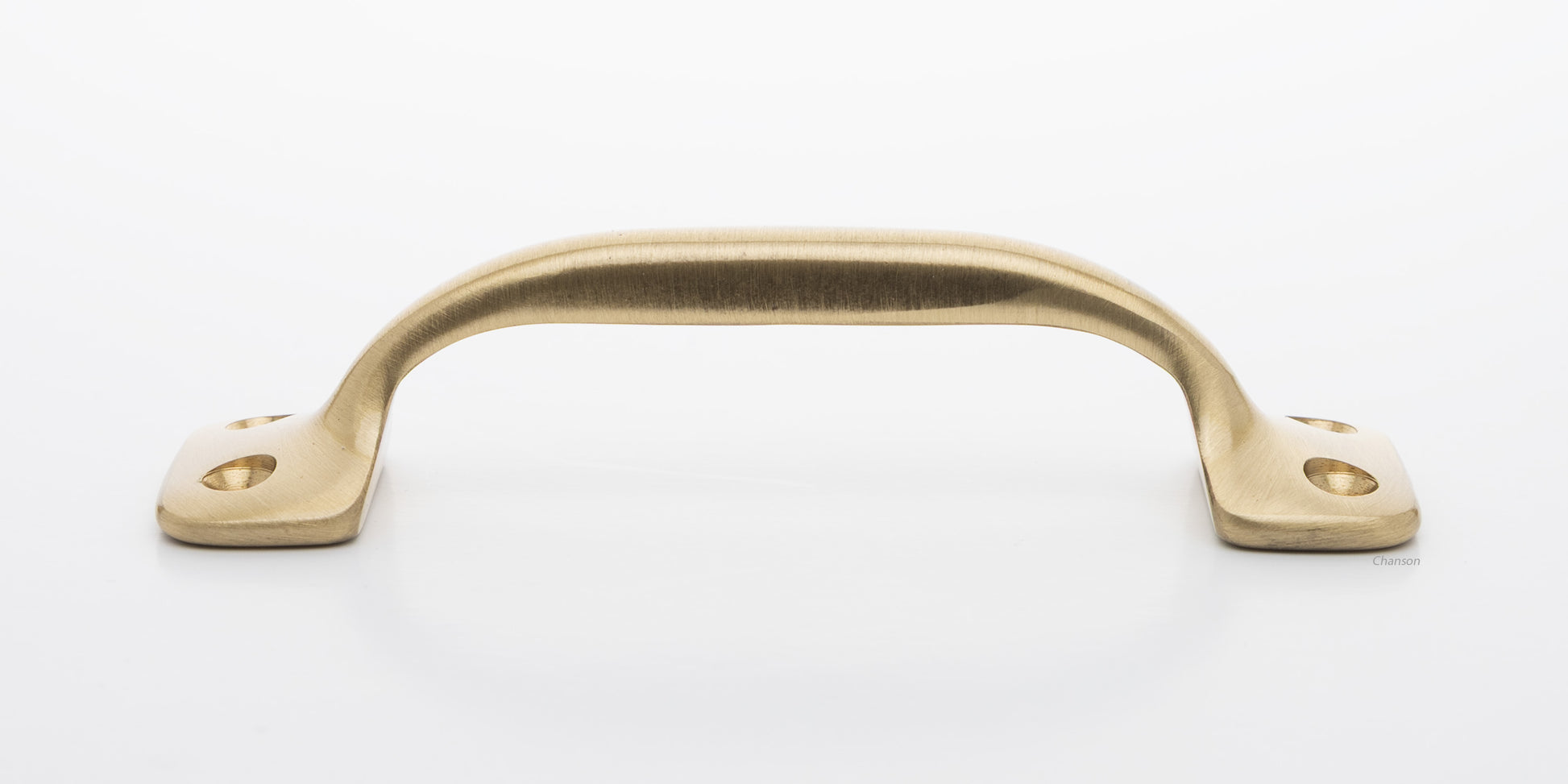 Side view of 4 inch solid brass sash window bar lift or utility pull handle shows arch shape and satin brass US4 finish