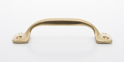 Side view of 4 inch solid brass sash window bar lift or utility pull handle shows arch shape and satin brass US4 finish