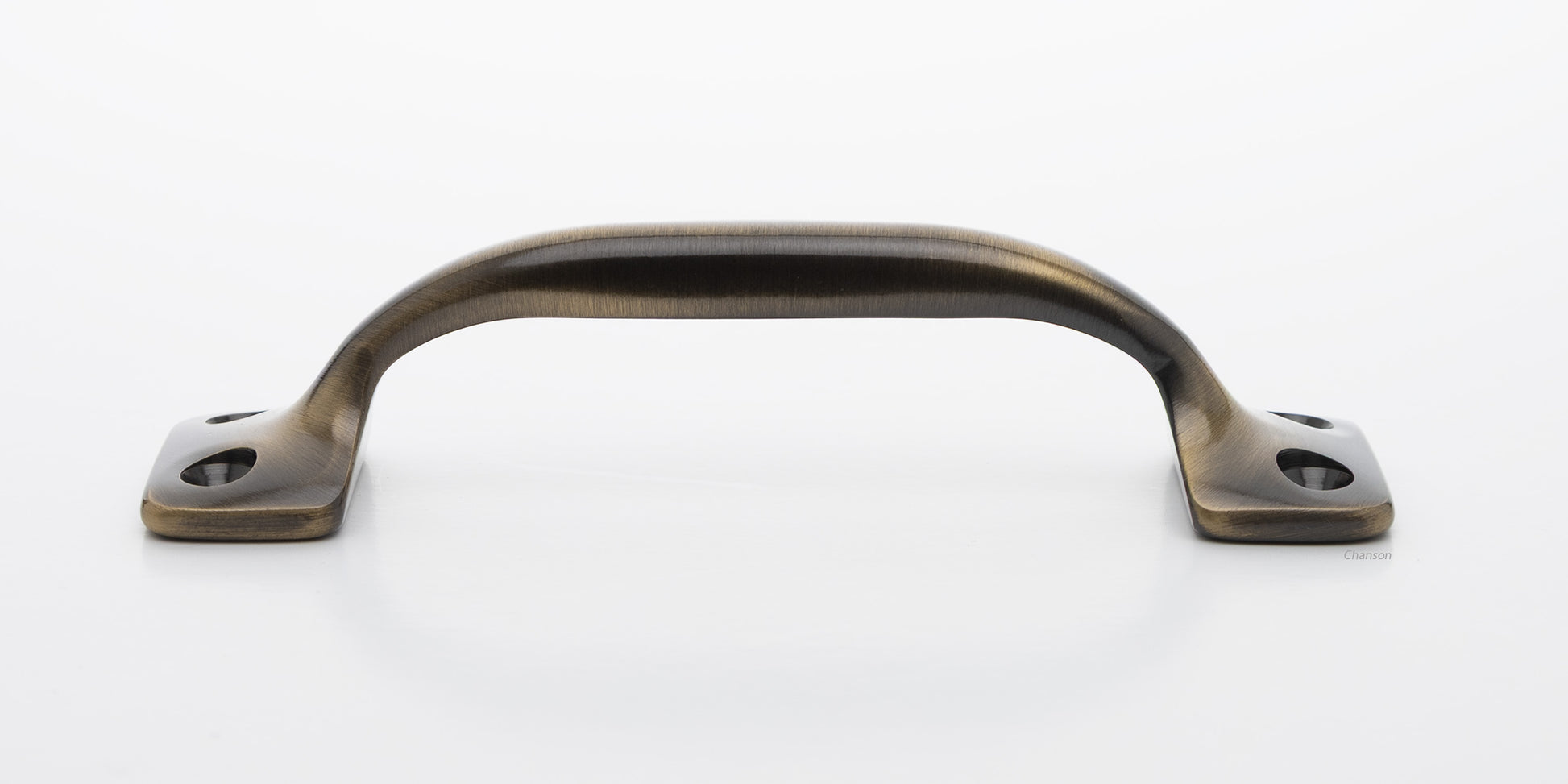 Side view of 4 inch solid brass sash window bar lift or utility pull handle shows arch shape and antique brass US5 finish