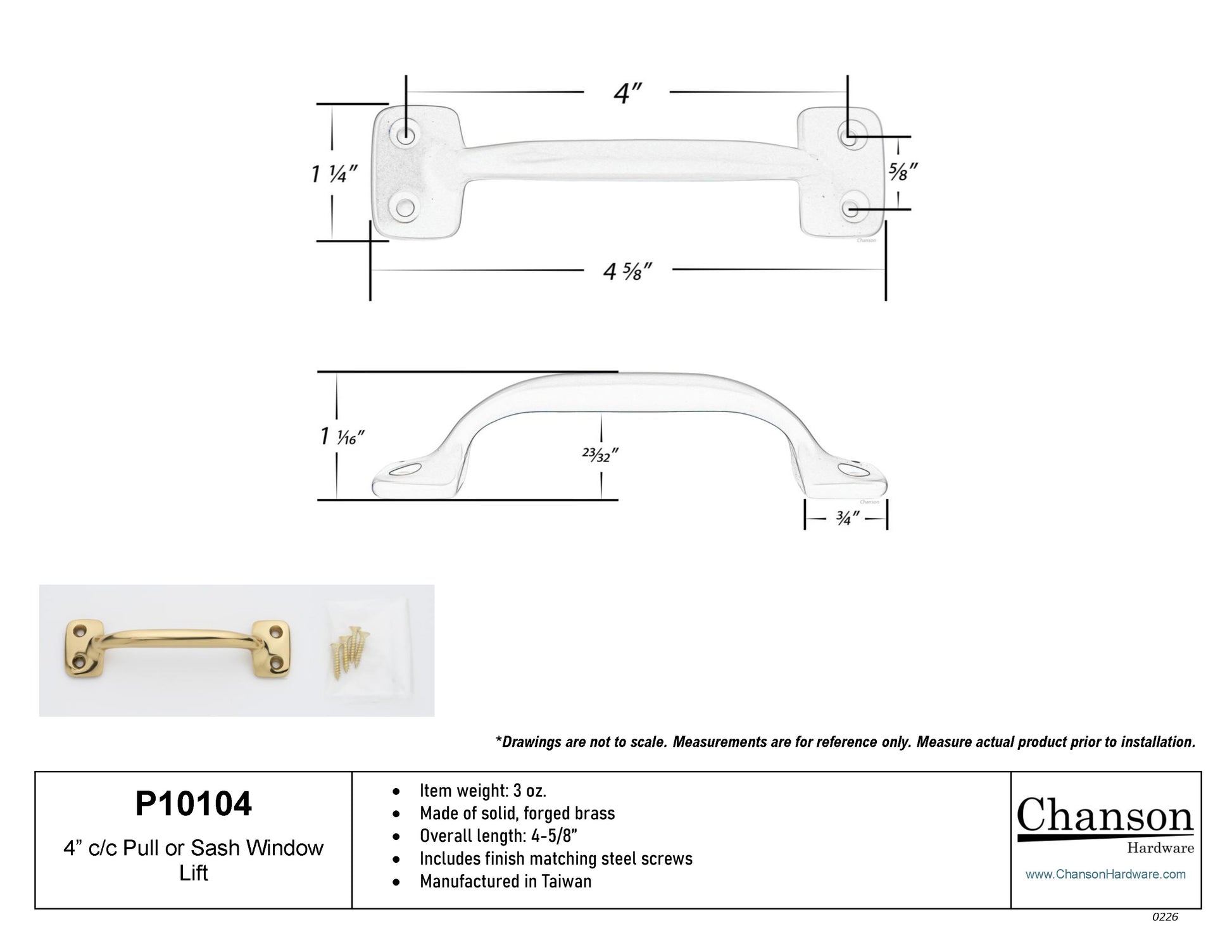 Measurements or specifications for Chanson Hardware 4 inch solid brass sash window bar lift pull handle