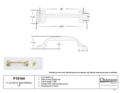 Measurements or specifications for Chanson Hardware 4 inch solid brass sash window bar lift pull handle