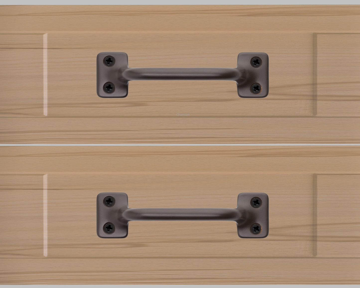 Chanson hardware solid brass drawer pull shown on drawer face with oil rubbed bronze finish
