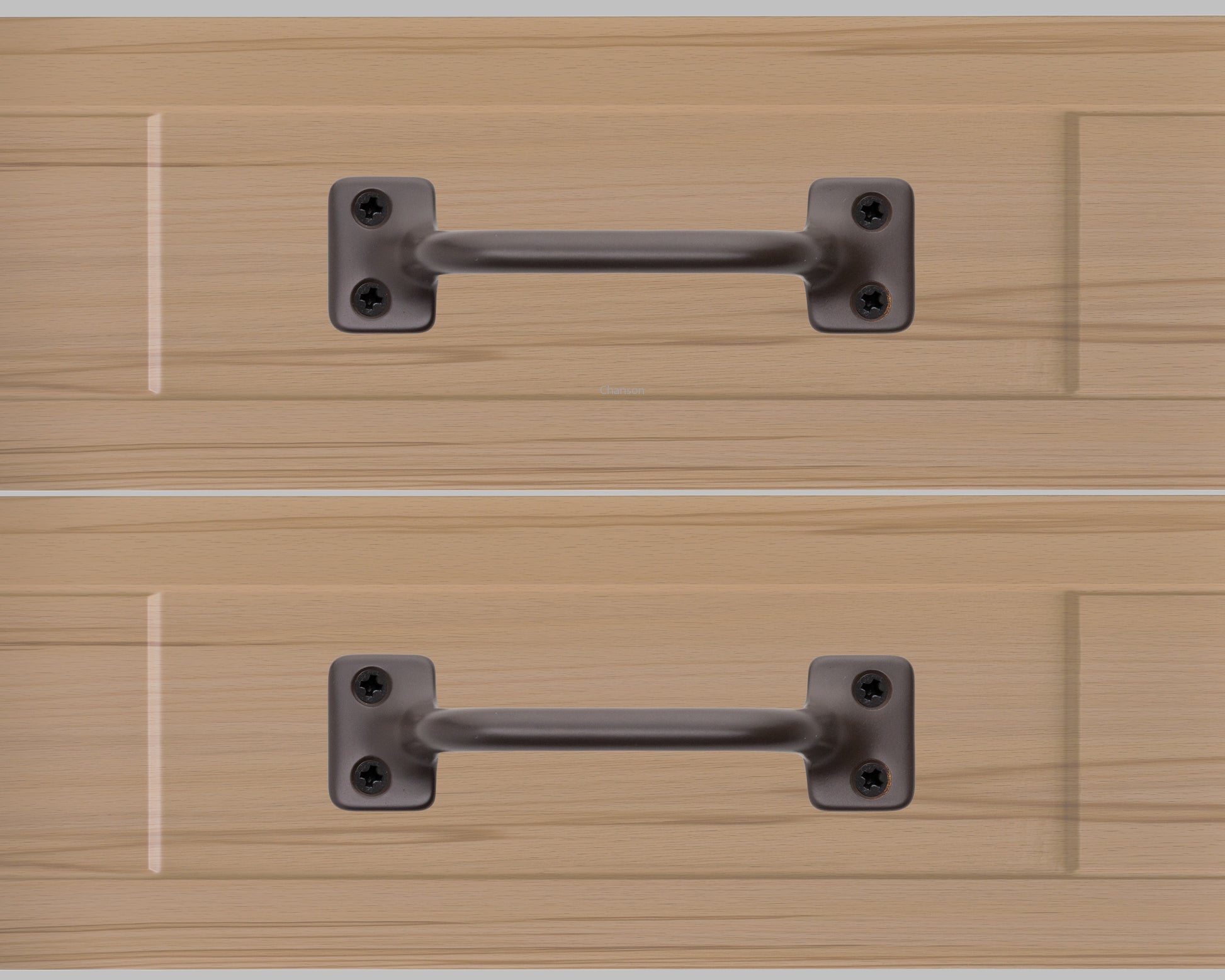 Chanson hardware solid brass drawer pull shown on drawer face with oil rubbed bronze finish