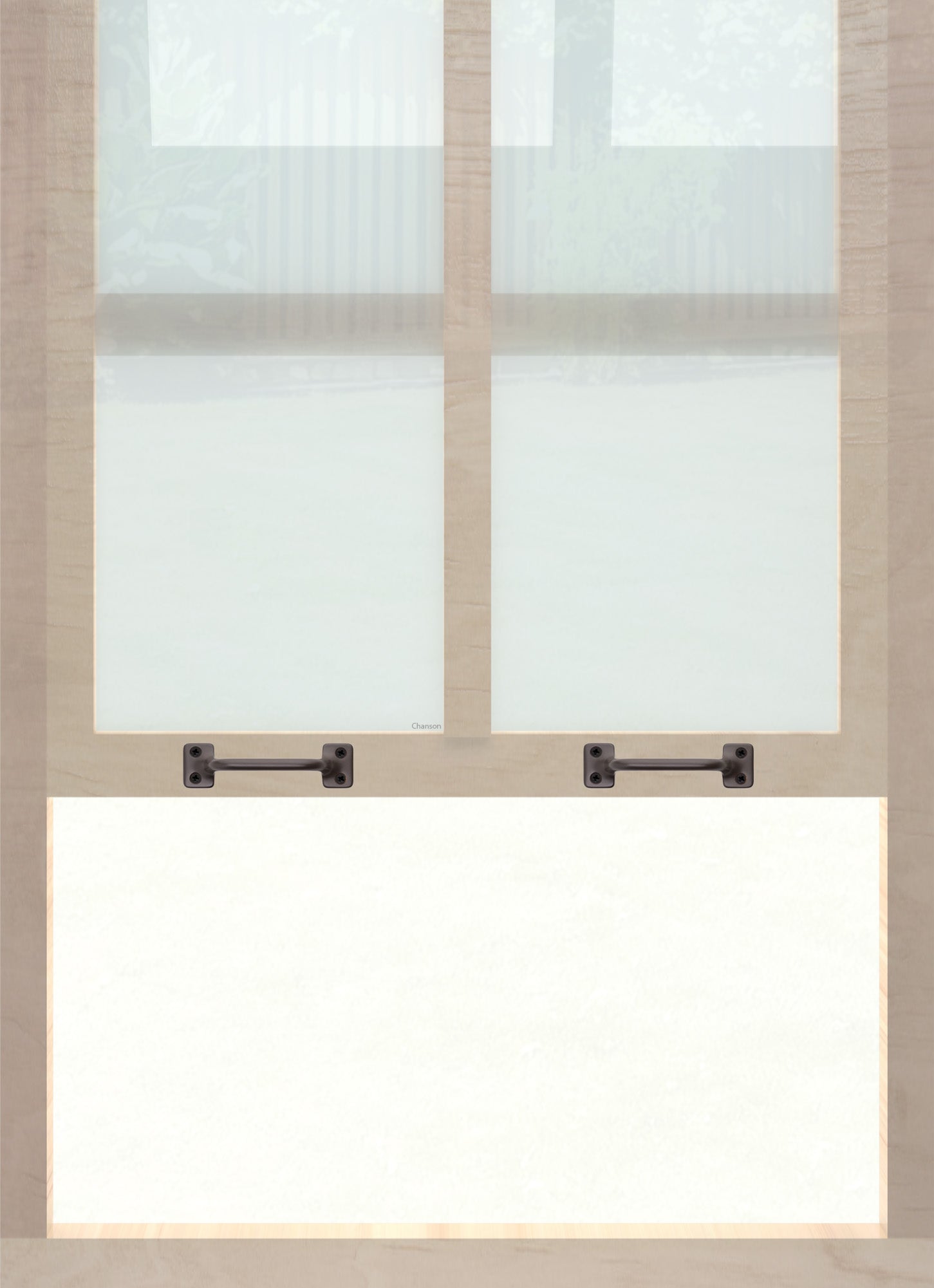 A wooden sash window with a pair of chanson hardware solid brass bar type sash lifts in oil rubbed bronze finish