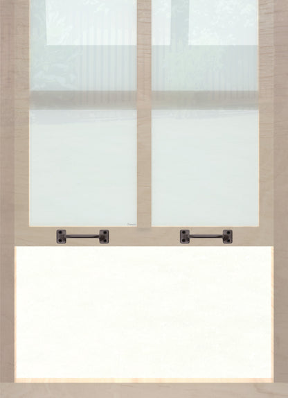 A wooden sash window with a pair of chanson hardware solid brass bar type sash lifts in oil rubbed bronze finish