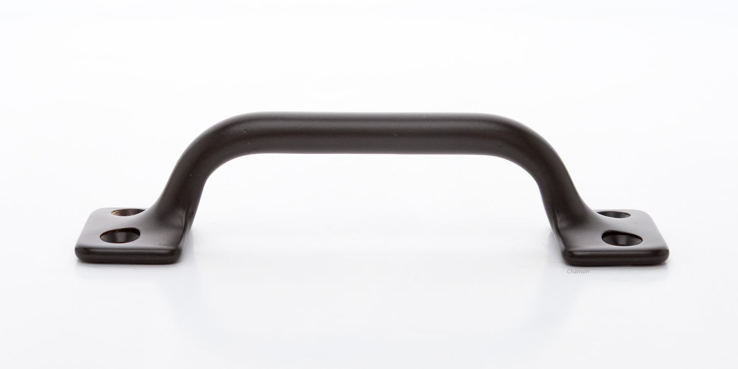 Side view of 3.5 inch solid brass sash window bar lift or utility pull handle shows arch shape and oil rubbed bronze US10B finish