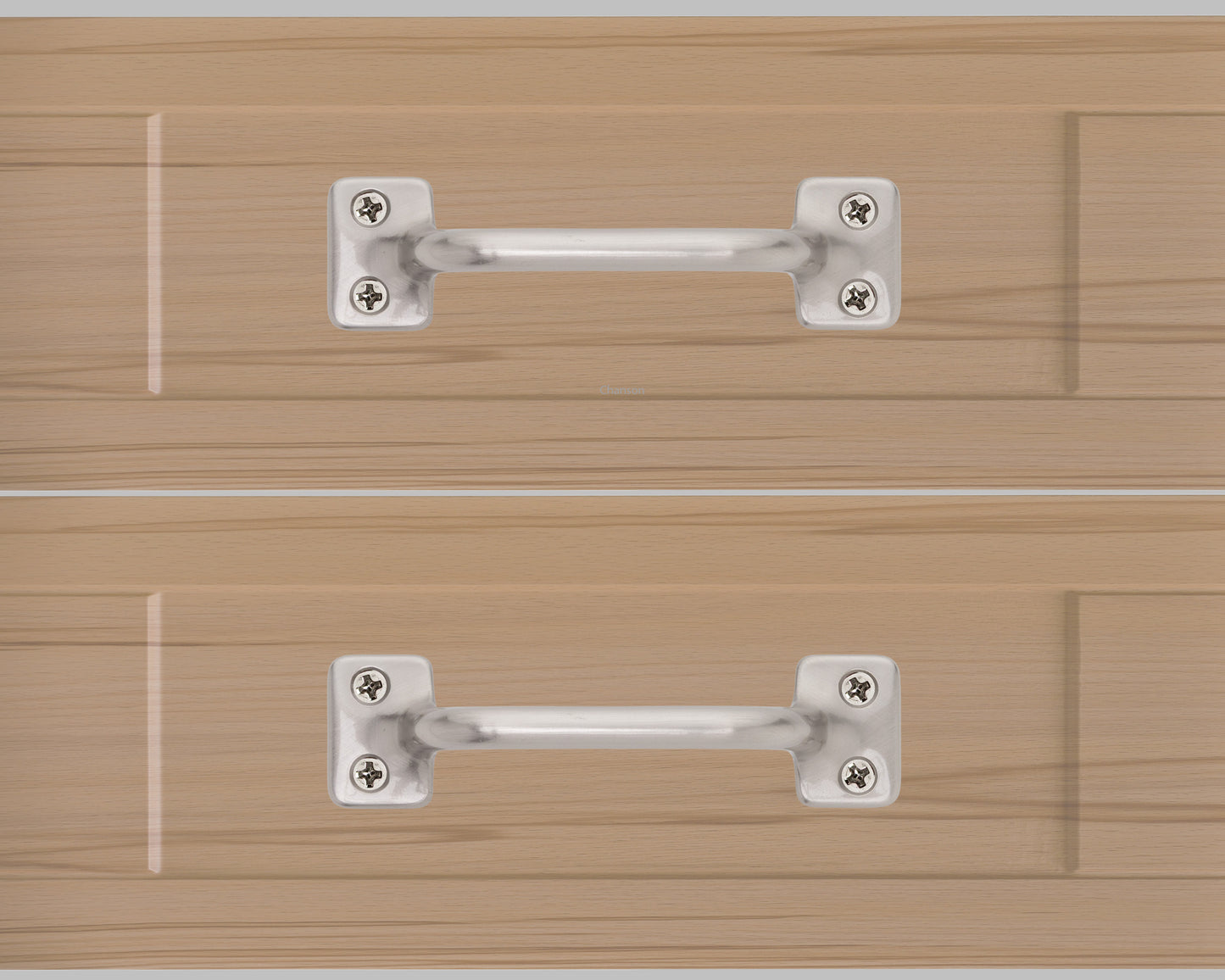 Chanson hardware solid brass drawer pull shown on drawer face with satin nickel finish