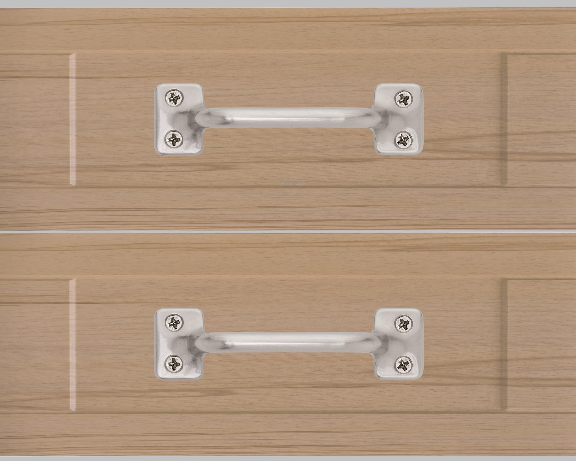 Chanson hardware solid brass drawer pull shown on drawer face with satin nickel finish