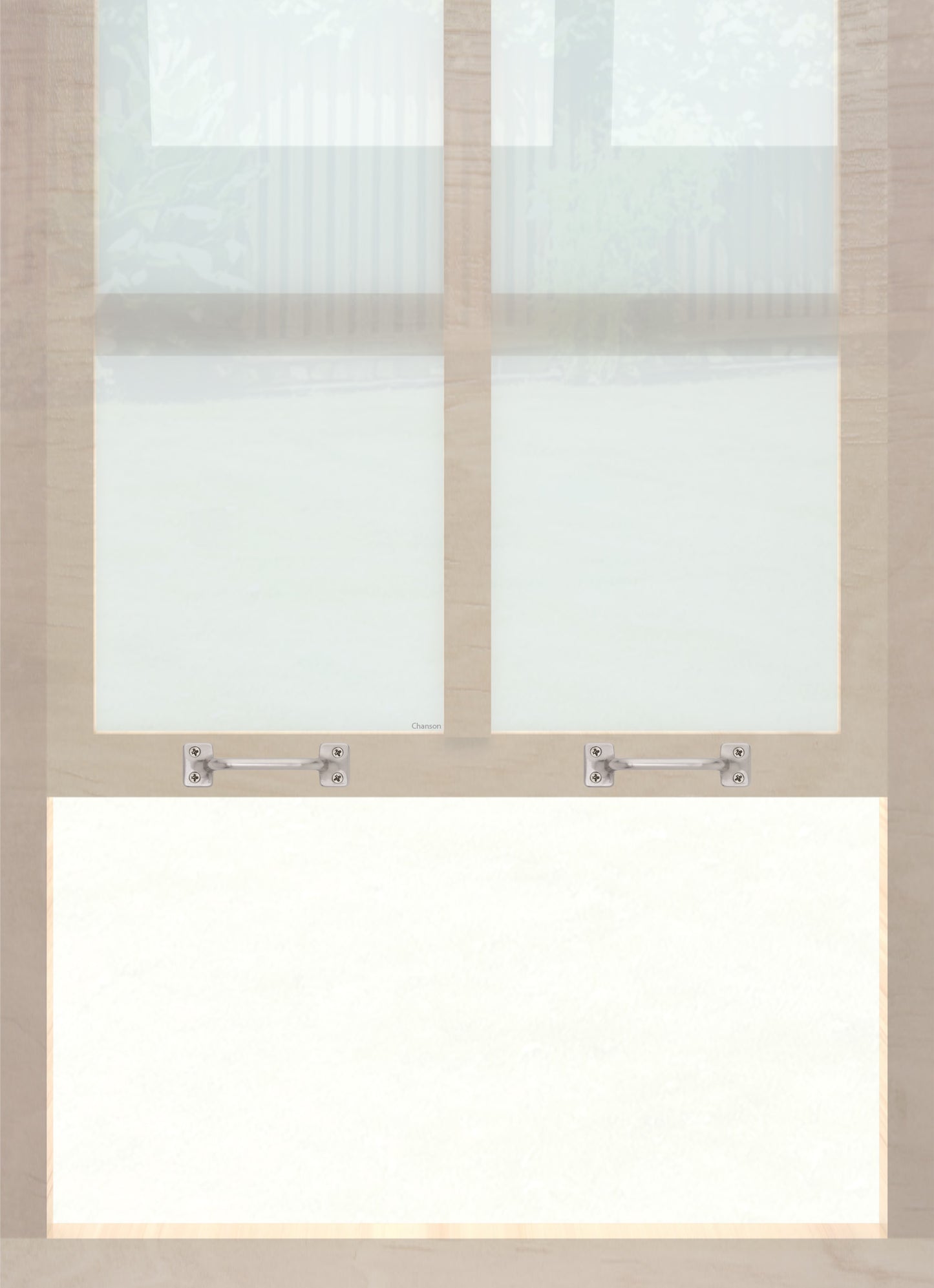 A wooden sash window with a pair of chanson hardware solid brass bar type sash lifts in satin nickel finish