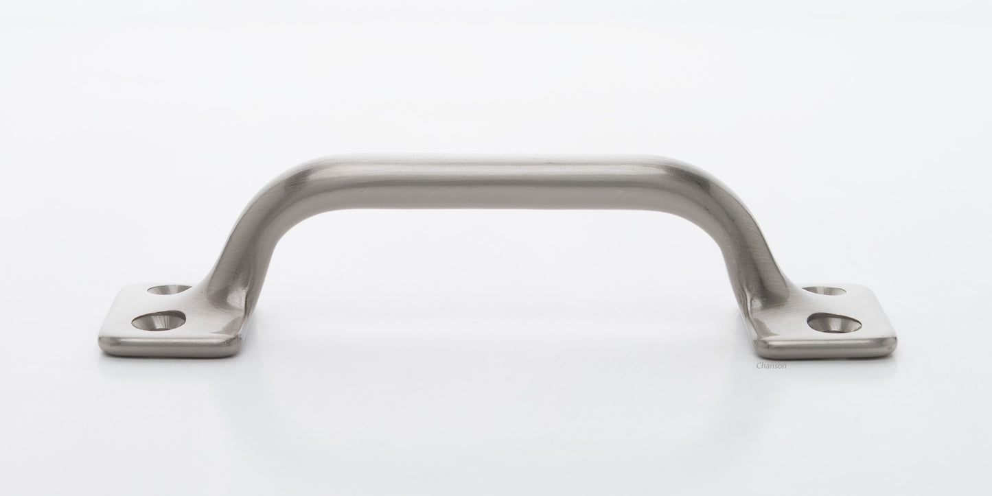 Side view of 3.5 inch solid brass sash window bar lift or utility pull handle shows arch shape and satin or brushed nickel US15 finish